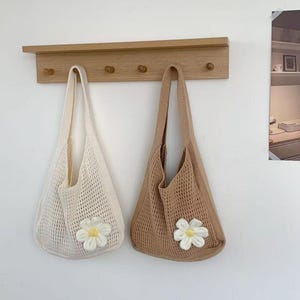 Borsa a tracolla in maglia Daisy – Borsa tote all'uncinetto casual in stile coreano, morbida borsa estiva in rete, borsa da giorno vintage boho
