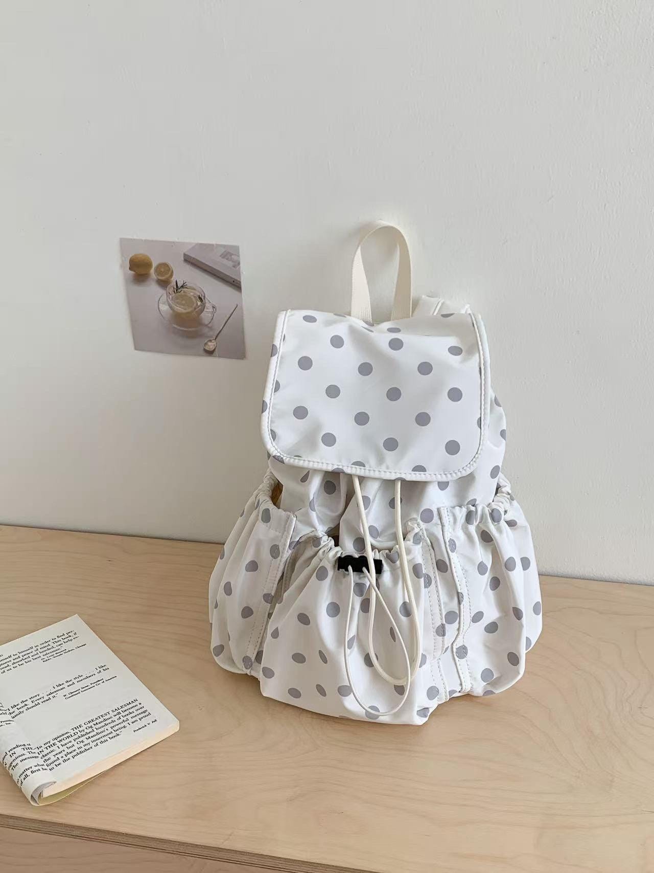 DGQ Kawaii Backpack Canvas Blue w/White Polka Dots School or Work Cute for All 7174931c-896b-420a-94cb-  main image 3