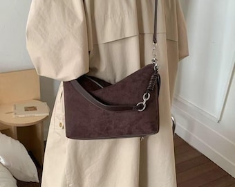 Minimal Suede Shoulder Bag, Soft Faux Suede Hobo Purse with Chain Strap, Casual Fall Winter Handbag for Women, Neutral Crossbody Bag