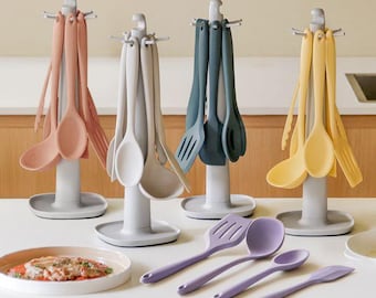 Silicone Kitchen Utensil Set with Rotating Holder – 6pcs Heat Resistant BPA-Free Tools (Spatula, Ladle, Tongs) Dishwasher Safe