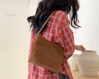 Soft Faux Suede Shoulder Bag, Small Hobo Tote Purse, Minimalist Vegan Suede Handbag, Cozy Fall Winter Daily Bag, Gift for Her