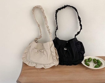 Ruffle Shoulder Bag for Women, Casual Crossbody Purse with Scrunch Strap, Lightweight Everyday Tote, Cute Travel Shoulder Bag