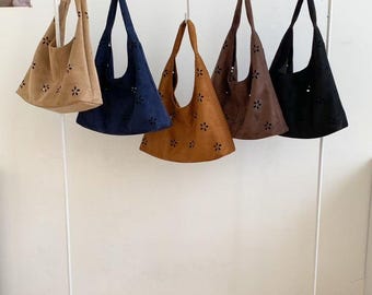 Faux Suede Flower Cutout Shoulder Bag Set, Boho Slouchy Tote with Pouch, Soft Vintage Hobo Purse, Fall Winter Minimalist Gift