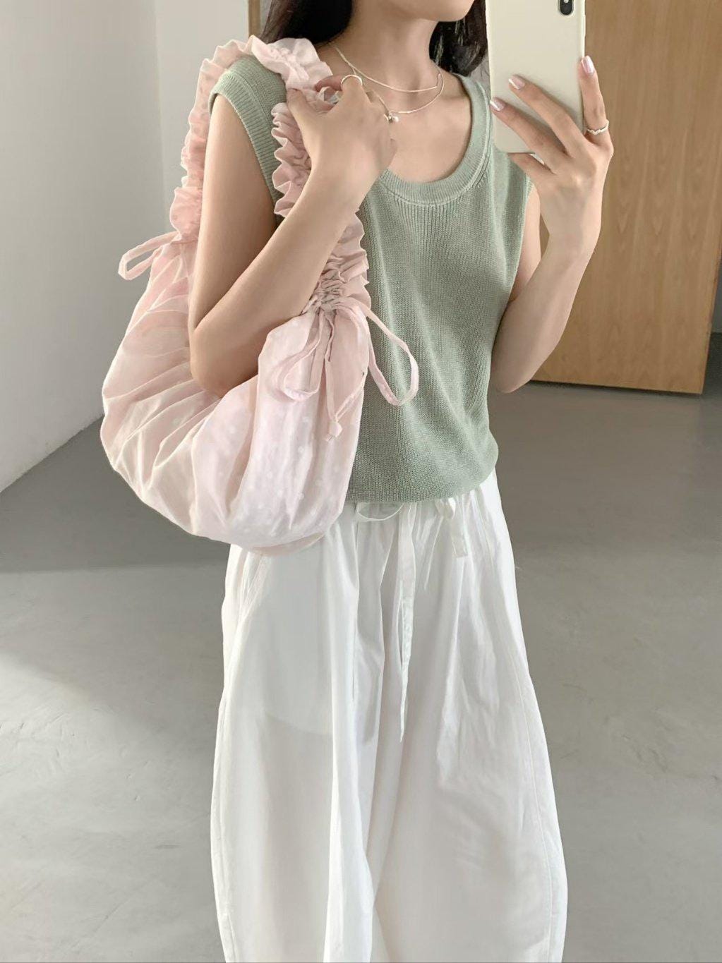 Ruffle Tote Bag | Y2K Aesthetic Shoulder Bag | Polka Dot