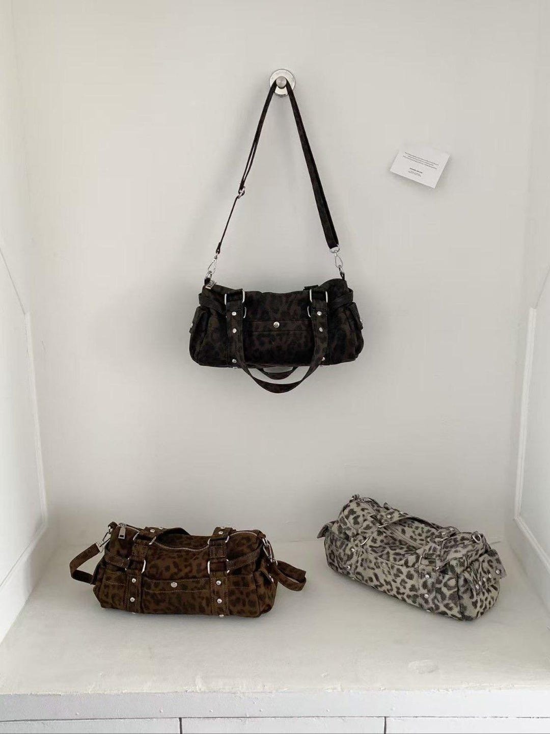 Leopard Print Shoulder Bag, Y2K Retro Boston Purse, Faux Suede