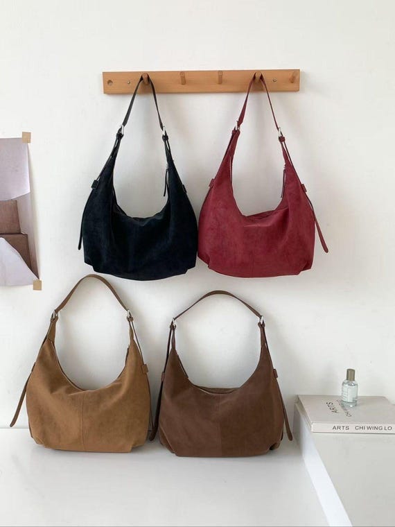 Soft Suede Hobo Bag, Large Shoulder Bag for Women, Slouchy Crossbody Tote, Minimalist Everyday Purse, Vintage Korean Style Vegan Leather Bag