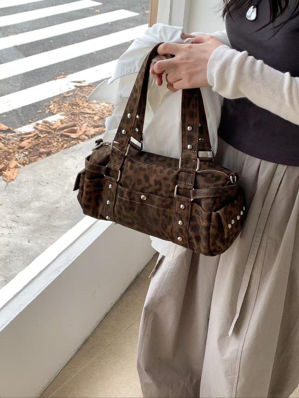 Leopard Print Shoulder Bag, Y2K Retro Boston Purse, Faux Suede