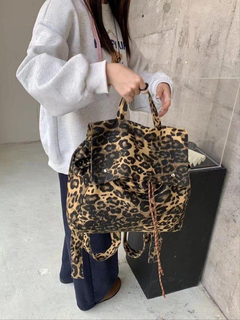Leopard Print Backpack | Y2K Retro Animal Print Rucksack | Casual ...