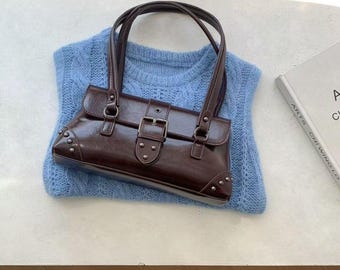 Y2K Shoulder Bag with Buckle & Studs, Vintage 2000s Long Handle Purse, Retro Faux Leather Baguette Bag, Trendy Gift for Her
