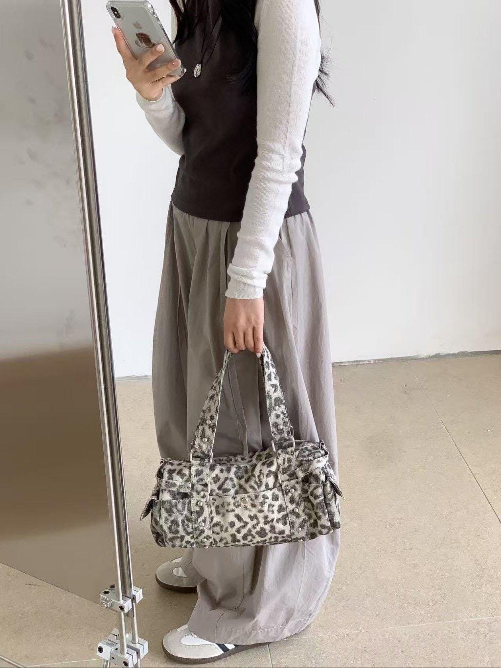 Leopard Print Shoulder Bag, Y2K Retro Boston Purse, Faux Suede