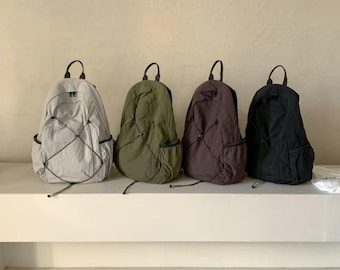 Lightweight Nylon Backpack, Crinkle Travel Daypack, Casual School Book Bag, Grey Khaki Brown Black Rucksack