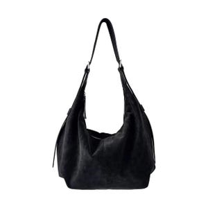 May include: A black suede shoulder bag with a single long strap. The bag has a curved shape and a zipper closure. The bag is approximately 15 inches wide and 12 inches tall.