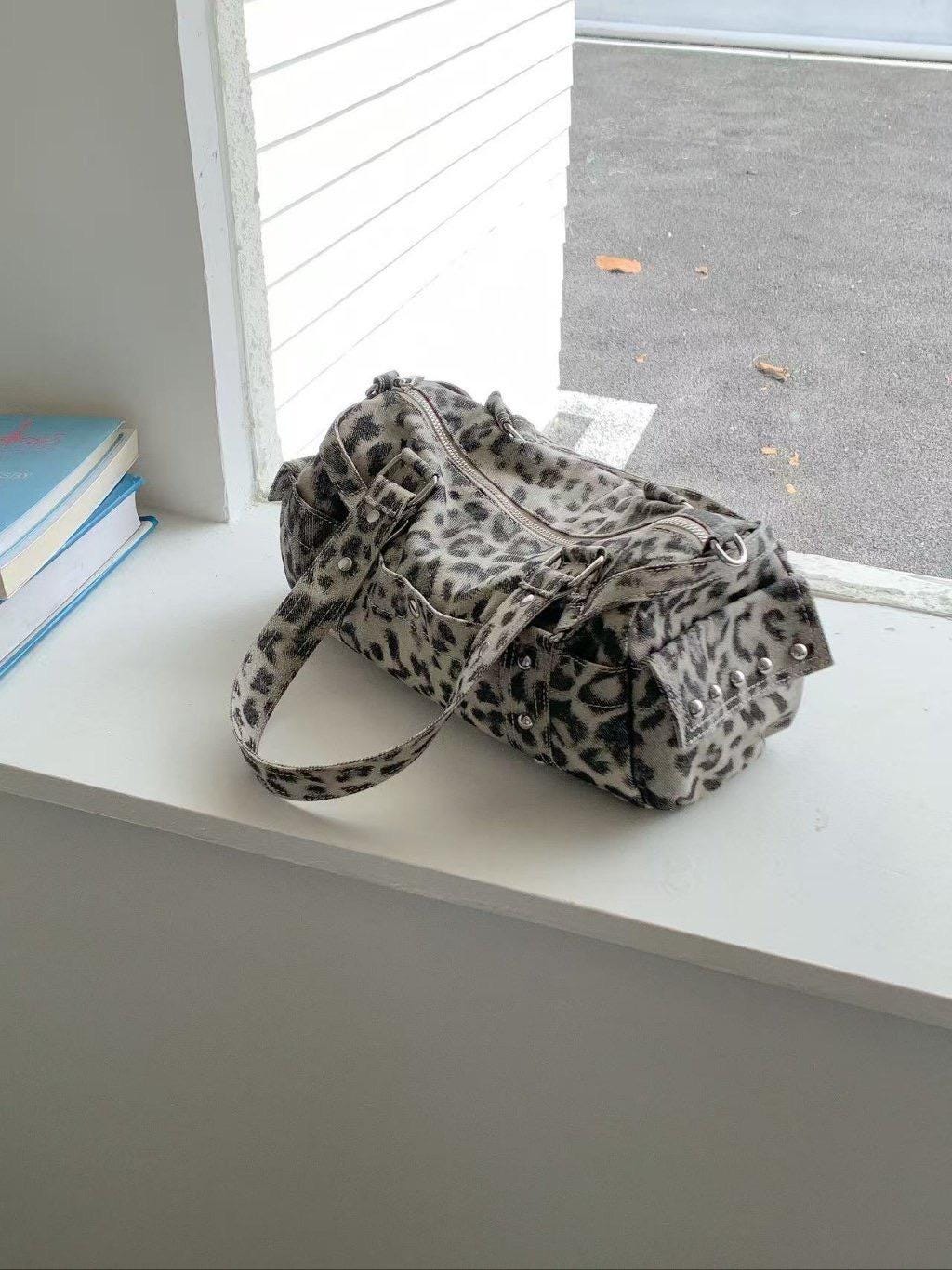 Leopard Print Shoulder Bag, Y2K Retro Boston Purse, Faux Suede