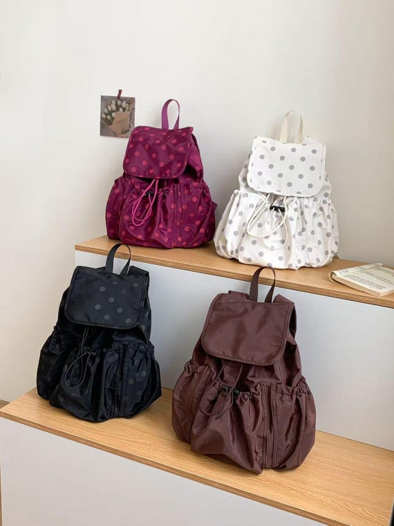 Polka Dot Backpack for Women – Lightweight Nylon Drawstring