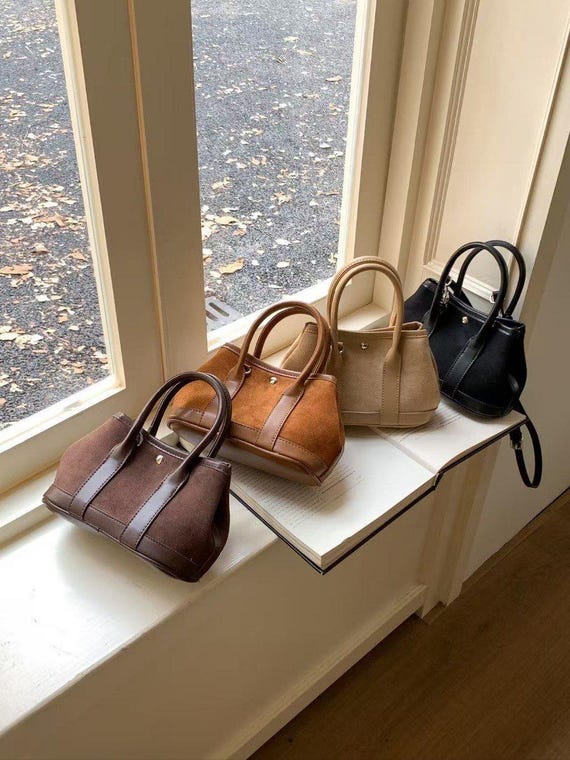 Mini Suede Leather Tote Bag with Strap, Small Crossbody Purse for Women, Classic Top Handle Handbag, Fall Winter Shoulder Bag