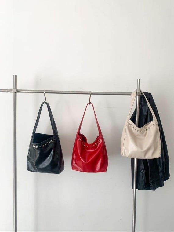 Grommet Faux Leather Shoulder Bag, Y2K Hobo Tote Purse, Red Black 
