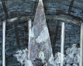 May include: A painting depicting a person with long light hair standing inside a tall, translucent, glitter-filled cone. Above the cone hangs a dark sphere with colorful accents. The scene is set against a dark, textured background with white, cloud-like forms surrounding the base of the cone.