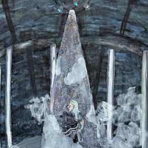 May include: A painting depicting a central conical structure filled with gold glitter and white clouds, featuring a figure in dark clothing. Above the cone hangs a dark sphere with colorful accents, set against a dark, arched, textured background.