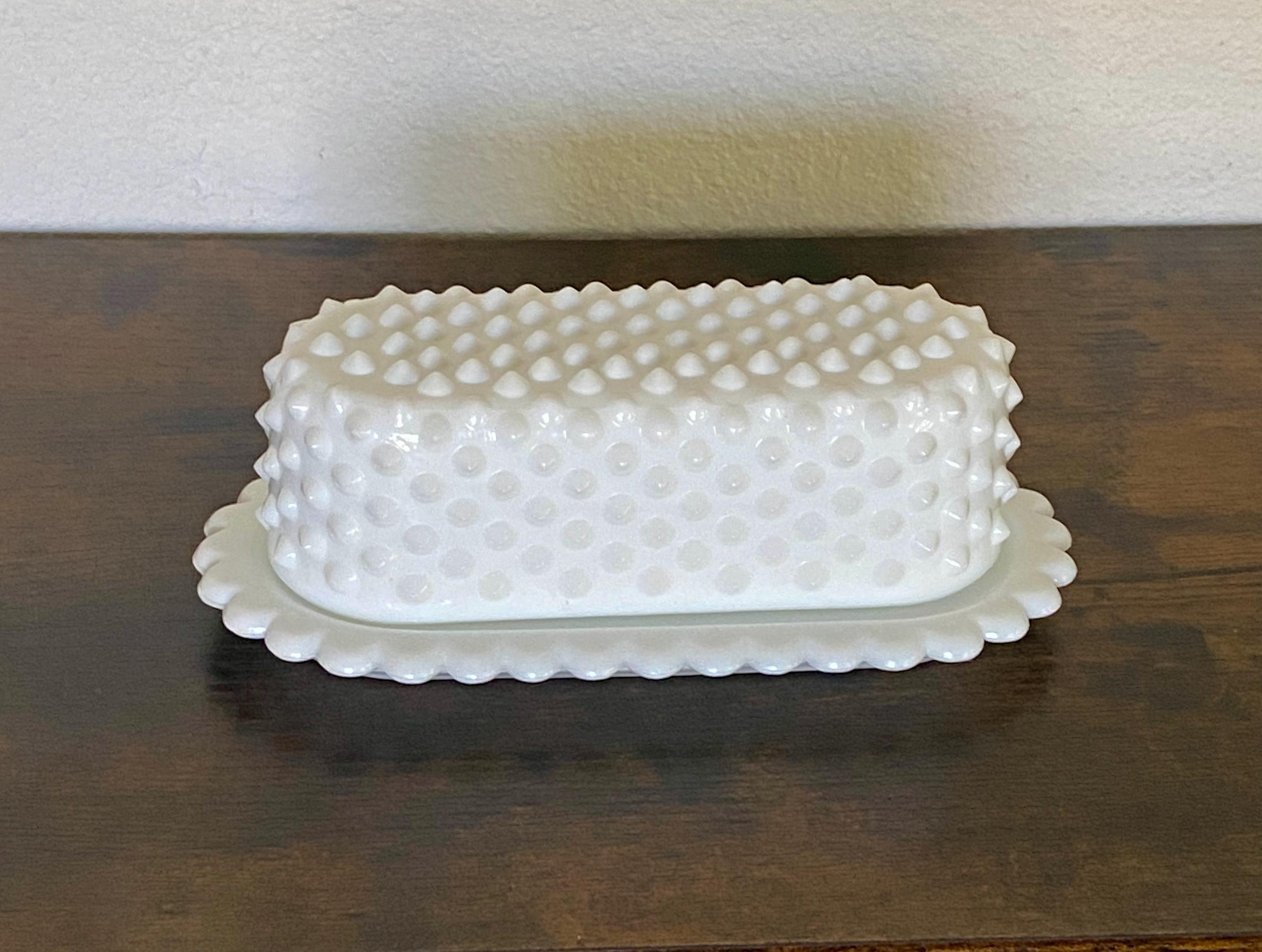 Vintage Fenton Handmade Milk Glass Hobnail Covered Butter Dish
