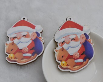 Christmas Print Series - Christmas Santa Claus Wood Earring Blank,Cutout Wooden Pendant,Drop Earrings,Dangle Earrings,Jewelry Findings Charm