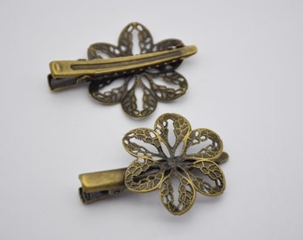 10 metal bronze alligator clips,alligator barrettes,hair clips,prong alligator clips with teeth,filigree flower hair clips,hair accessories