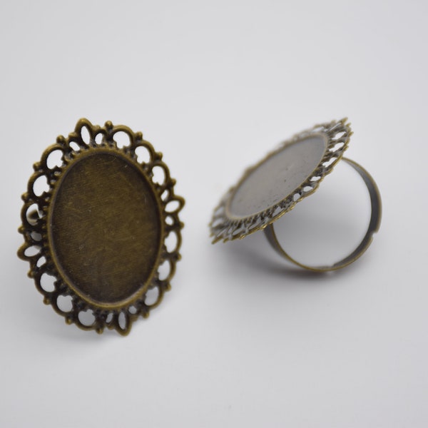 20 antique bronze oval ring,bezel ring base,filigree ring blank with 25x18mm cabochon bezel setting,ring blank with tray pad,jewelry finding