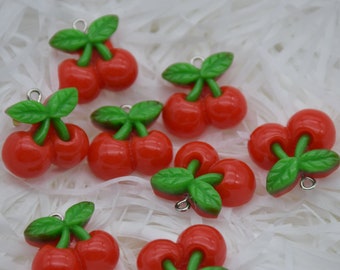 10 cabujones de cereza de resina/plástico, adorno para árbol de Navidad, decoración para fiestas, decoración del hogar, adorables dijes de frutas Kawaii Decoden, 21 mm x 21 mm