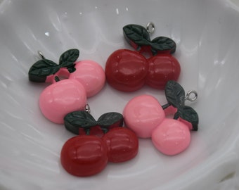 10 cabujones de cereza de resina/plástico, adorno para árbol de Navidad, decoración para fiestas, decoración del hogar, adorables dijes de frutas Kawaii Decoden, 27 mm x 25 mm