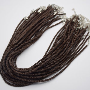 10 brown twisted silk cord necklace 3mm round 17 inch braided silk cord rayon satin cord necklace lobster clasp 2 inch extension chain