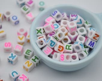 Mix Colors-50 Plastic Square Cube Alphabet Beads Charms,Acrylic Alphabet Letter Charms,Beading Supplies,Bead Pendants,Jewelry Making,7mmx7mm