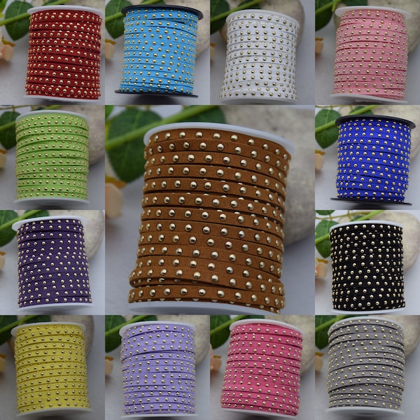 35 Colors For Choice-20 Yards 5mm(width)x2mm(thickness) Artificial/Faux Suede Cord With 3mm Round Gold Studded Rivets