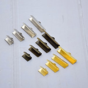 100Pcs metal cord crimp end,ribbon crimp end,crimp clasp,cord clamp end connector,crimp end cap,10mm,15mm,20mm,25mm,gold,bronze,dull silver