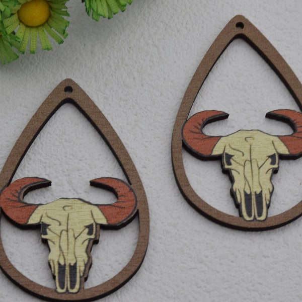 Western Cow Bull Skull Head Printed Teardrop Wood Earrings,Cutout Wooden Pendants,Painted Dangle Drop Earring Blank Charm,DIY Jewelry Making