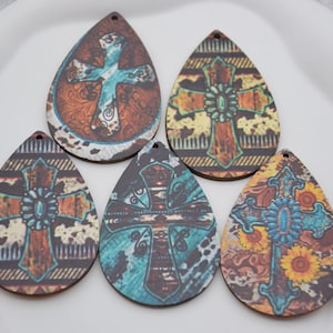 Cross Printed Wood Teardrop Earrings,Wood Cutout Dangle Earring,Unfinished Wooden Pendants,Painted Wooden Charm Blank For DIY Jewelry Crafts