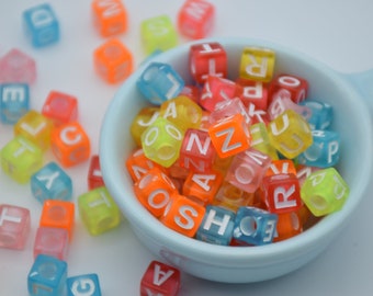 Mix Colors-50 Plastic Square Cube Alphabet Beads Charms,Acrylic Alphabet Letter Charms,Beading Supplies,Bead Pendants,Jewelry Making,7mmx7mm
