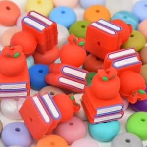 3D Book Apple Focal Silicone Beads,Teacher School DIY Focus Pen Bead,Gift Charms,Jewelry Accessories,Craft Supplies,Wristlet,Lanyard Beads