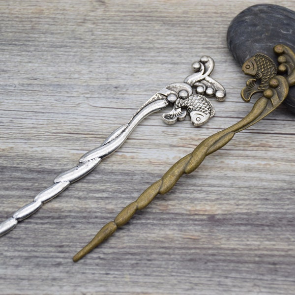 2Pieces Metal Hair Sticks, Fish Hair Sticks, Spiral Hair Pins, Wave Hair Stick, Metal Hair Pins, Metal Hair Picks, Metal Hair Clips, Metal Hair Clips