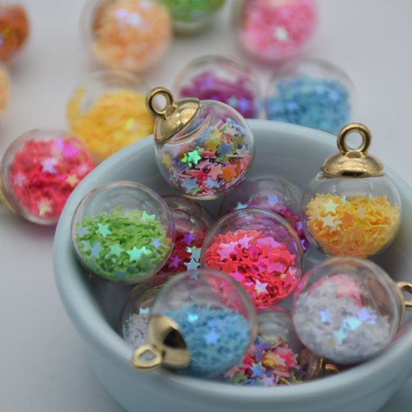 10 mix colors glass globe charm,crystal ball,sequins pentagram inside ball pendant,glitter star bubble,necklace bracelet earring,21*16mm