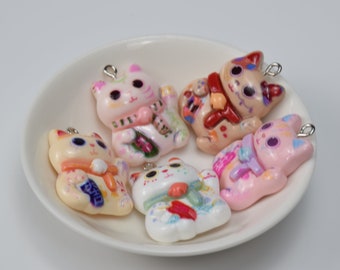 Tecknad Maneki Neko Katt Hartshänge, Plast Turkatt Berlock, DIY Smycken Tillbehör, Örhänge Nyckelring Armband Halsband Present, Hantverksmaterial