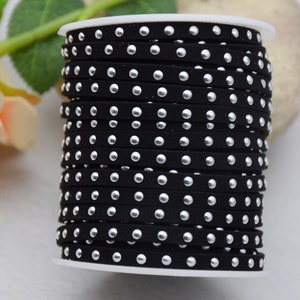 20 Yards 5mm(width)x2mm(thickness) Artificial/Faux Black Suede Cord With 3mm Round Silver Studded Rivets