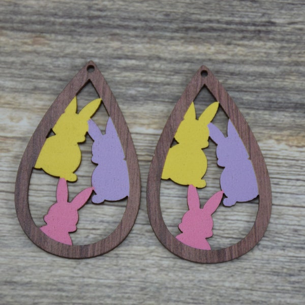 Print Series- Easter Bunny Wood Charm,Rabbit Wooden Pendant,Teardrop Earrings,Holiday Gift Earrings,Wooden Dangle,Embellishments,Crafts
