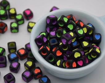 Mix Colors-50 Plastic Square Cube Heart Beads Charms,Acrylic Heart Bead,Carft Beads,Beading Supplies,Beads Pendants,Jewelry Making,7mmx7mm