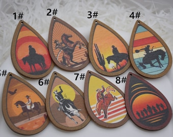 Wild Western Cowboy Printed Wood Teardrop Earrings,Cutout Wooden Pendants,Painted Dangle Drop Earring Blank Charms,Jewelry Making Supply