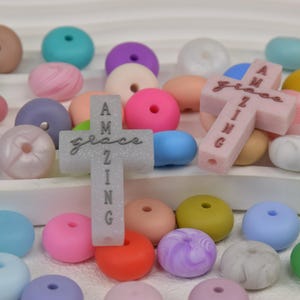 Glitter Amazing Grace Cross Focal Silicone Beads,Religious DIY Focus Pen Bead,Loose Beads,Christian Charms,Jewelry Wristlet,Lanyard Beads