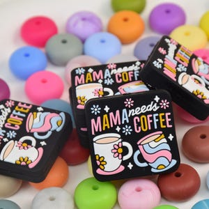 Mama Braucht Kaffee Fokal Silikon Perlen,DIY Stift Perle,Geschenke Charm Perlen,Schmuckzubehör,Bastelbedarf,Armband,Schlüsselanhänger,Lanyard Perlen