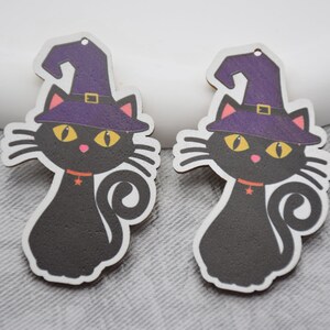 Black Cat With Hat Stained Wood Earrings,Halloween Unfinished Cutout Wooden Pendants,Painted Wooden Charms Blank For DIY Jewelry Making