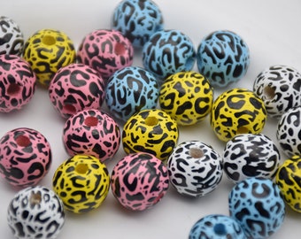 Perles rondes en bois imprimé léopard de 16 mm, pendentifs de breloques en boules de bois inachevées naturelles, perles en bois peintes, artisanat d'accessoires de bijoux en bois de bricolage