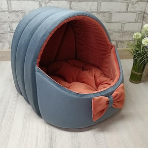 Soft Premium Velour Dog House Bed – Indoor Pet House with Cushion,Puppy Bed, Cat House with bow, New Puppy Gift, Handmade Pet Accessories