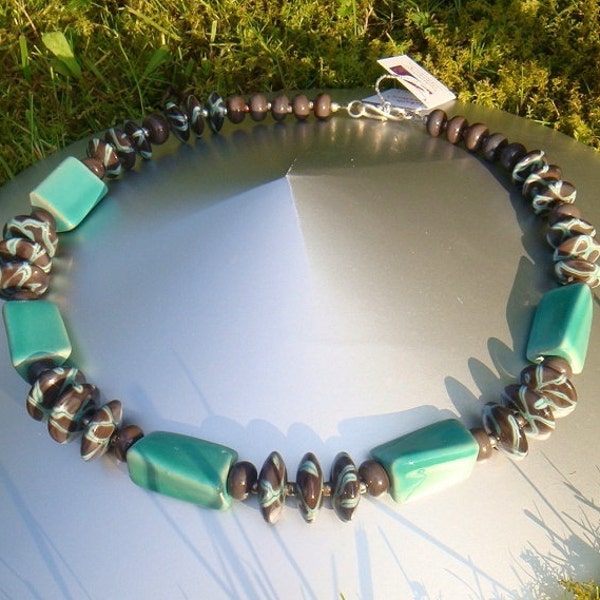 Necklace "WATERSTONE" -  hand-crafted lampwork beads, ceramic, sterling silver - one of a kind!