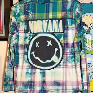 OOAK Handmade Upcycled Nirvana Bleach Smiley Plaid Flannel Shirt Shacket